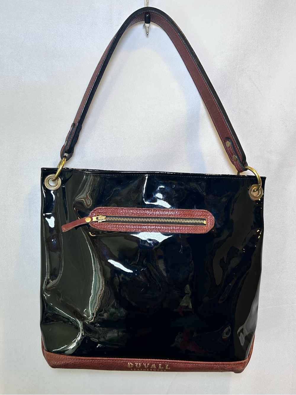 Duvall Leather Black Patent and Brown/Cognac Leather Slouch Bag Tote.